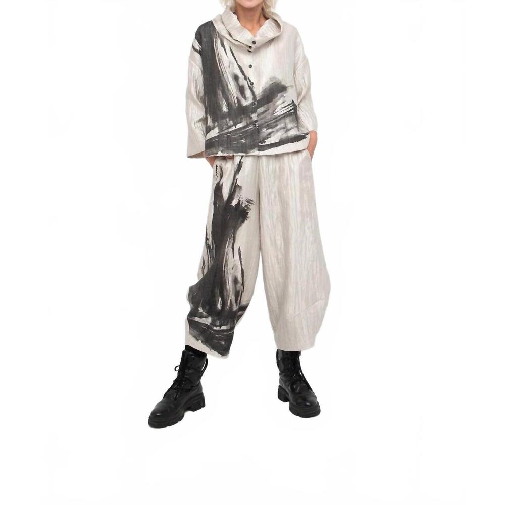 NEW OZAI N KU lantern pants with blush stroke print in light cream with black